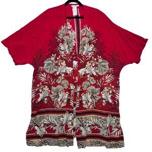 Chico's Red 100% Rayon Art Nouveau Long Kimono Women's Size L/XL